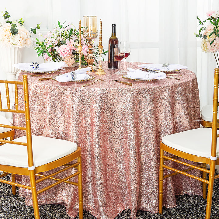 Manteles redondos de tafetán con lentejuelas de 108" - Rosa rubor/Oro rosa (1 pieza)
