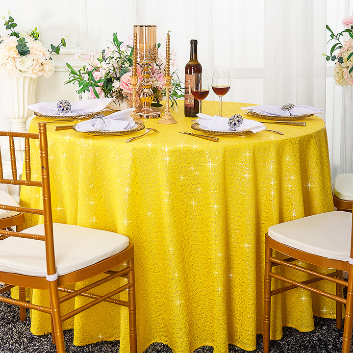 Manteles redondos de tafetán con lentejuelas de 120" - Amarillo canario (1 pieza)