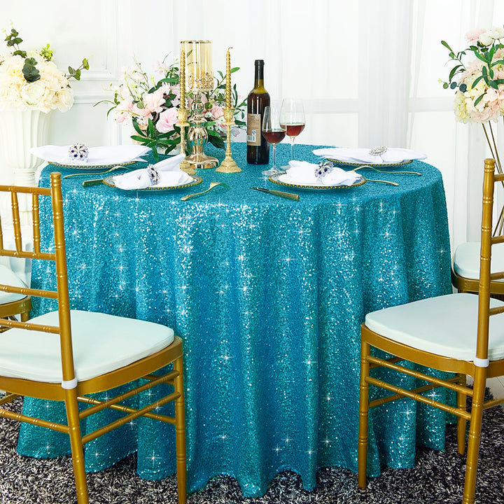 132" Round Sequin Taffeta Tablecloth - Turquoise (1pc)