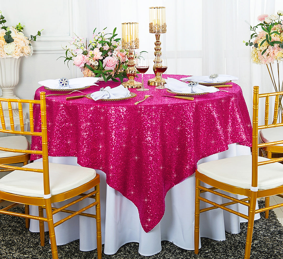 Nappe/superposition de table en taffetas à paillettes carrées 72 "x 72" - Fuchsia (1 pièce)