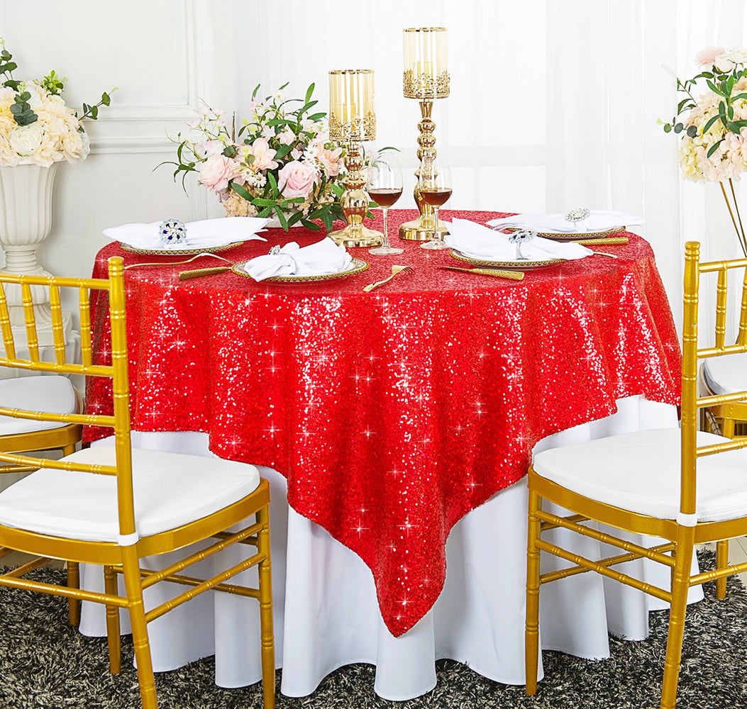 Mantel/superposición de mesa de tafetán con lentejuelas cuadradas de 72 "x 72" - rojo (1 unidad)