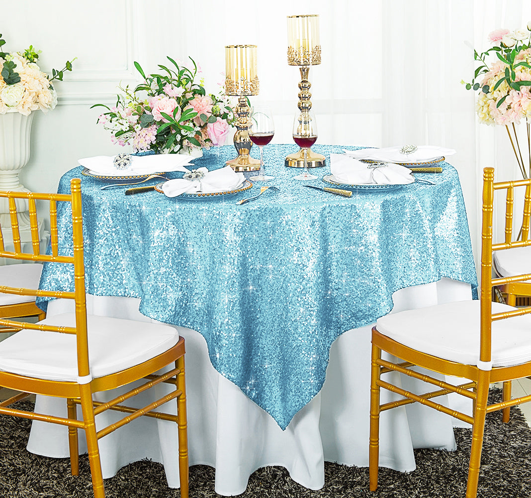 Nappe/superposition de table en taffetas à paillettes carrées 72 "x 72" - Bleu bébé (1 pièce)