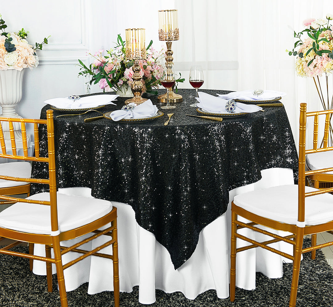 Nappe/superposition de table en taffetas à paillettes carrées 72 "x 72" - Noir (1 pièce)