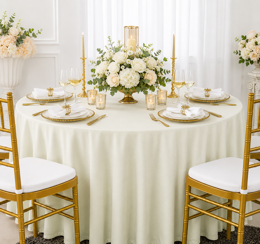 132" Round Crinkle Scuba (Wrinkle-Free) Tablecloth - Ivory  (1pc)