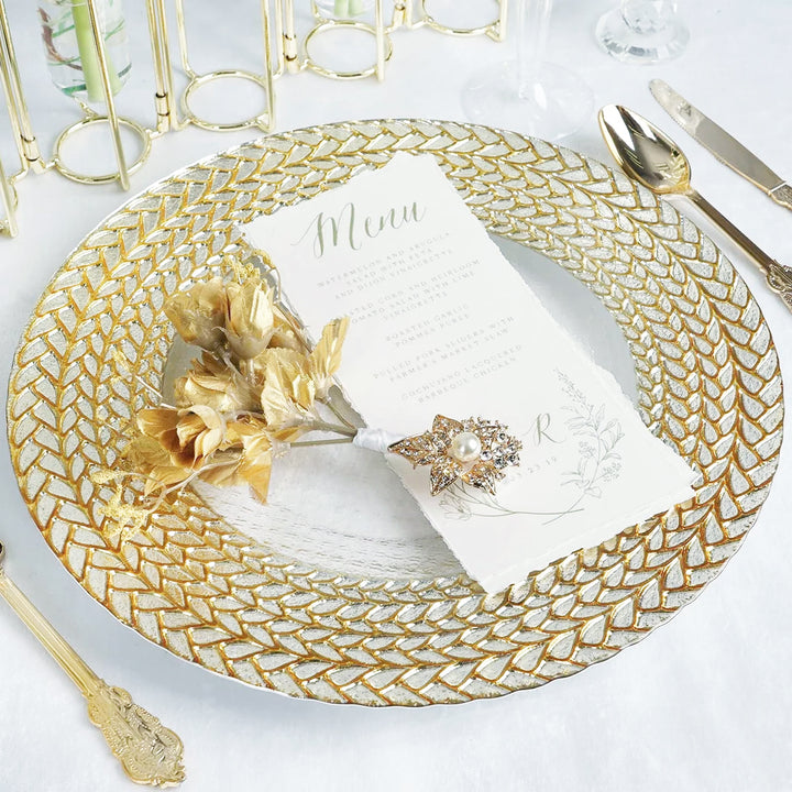 13" Clear Gold Braided Rim Glass Charger Plates (8pcs)