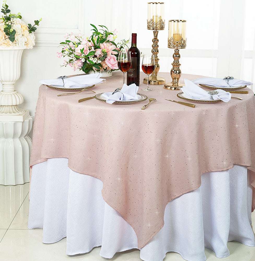 Superposition de table en lin/toile de jute à paillettes carrées 72 "x 72" - Rose blush/or rose (1 pièce)