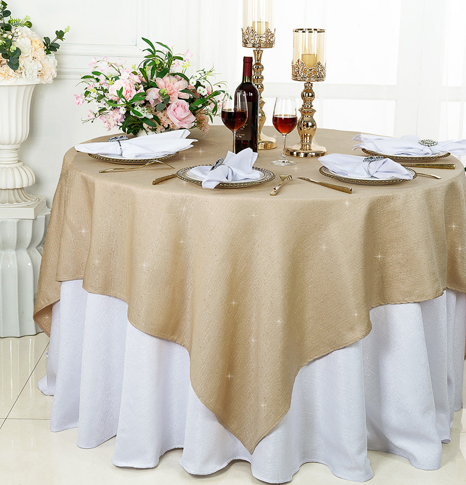 72"x72" Seamless Square Sequin Paillette Poly Flax/Burlap Table Overlay - Champagne (1pc)