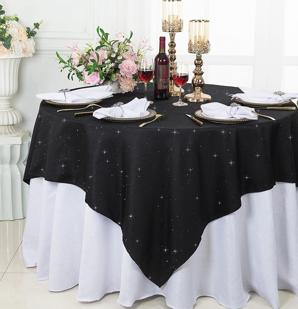 72"x72" Seamless Square Sequin Paillette Poly Flax/Burlap Table Overlay - Black (1pc)