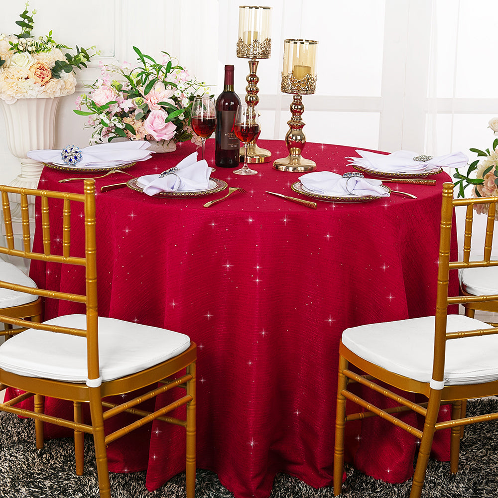 120" Seamless Round Sequin Paillette Poly Flax/Burlap Tablecloth - Apple Red (1pc)