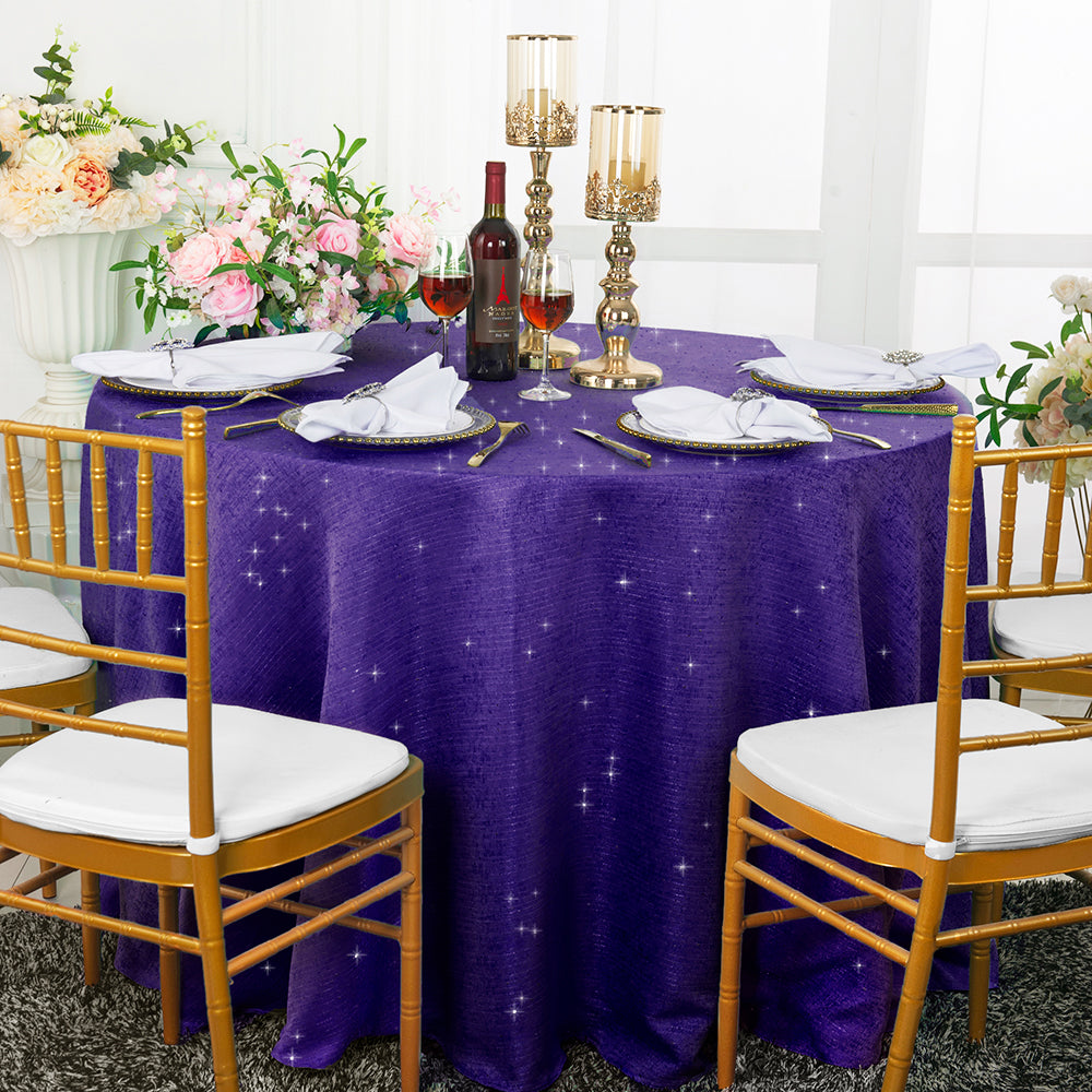 120" Seamless Round Sequin Paillette Poly Flax/Burlap Tablecloth - Regency Purple (1pc)