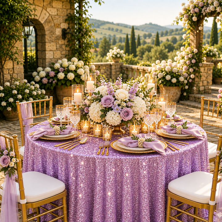Manteles redondos de tafetán con lentejuelas de 132" - Lavanda (1 pieza)