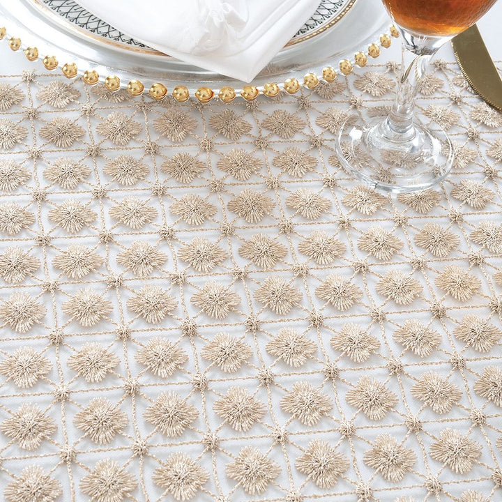 72"x72" Square Clover Shimmer Metallic Water-Soluble Lace Table Overlay - Champagne (1pc)