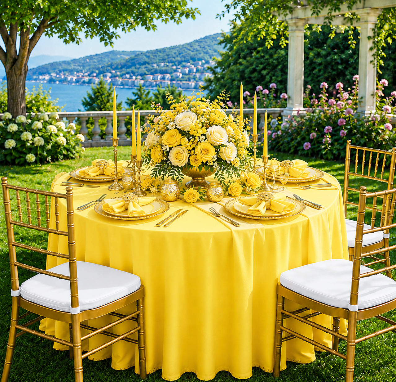 132 inch Canary Yellow Scuba (Wrinkle-Free) Tablecloths Wholesale