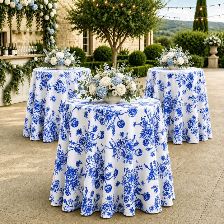 132" Round French Toile Polyester Tablecloth - Royal Blue (1pc)
