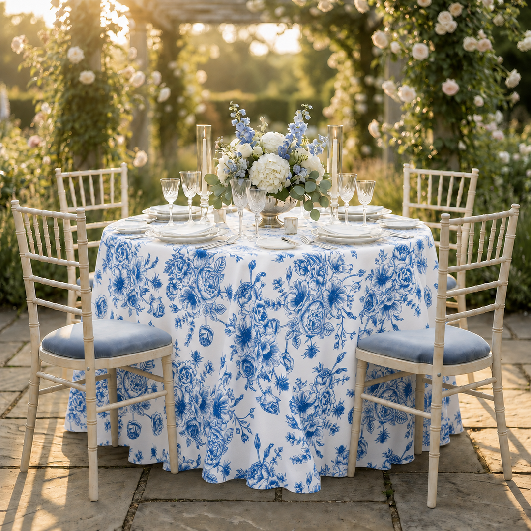 132" Round French Toile Polyester Tablecloth - Royal Blue (1pc)