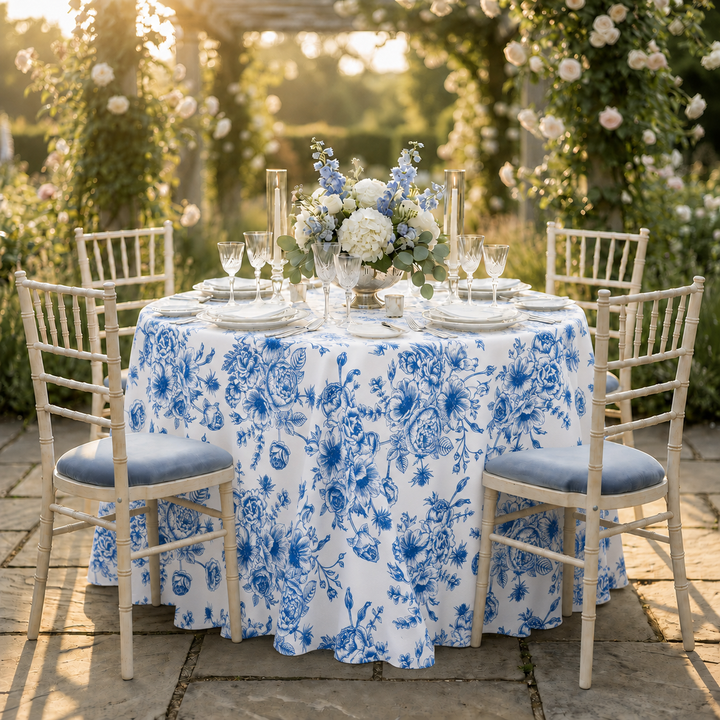 132" Round French Toile Polyester Tablecloth - Royal Blue (1pc)