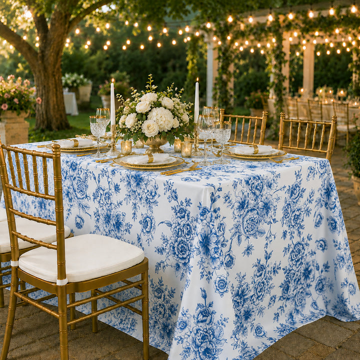 90"x132" Rectangular French Toile Polyester Tablecloth - Royal Blue (1pc)
