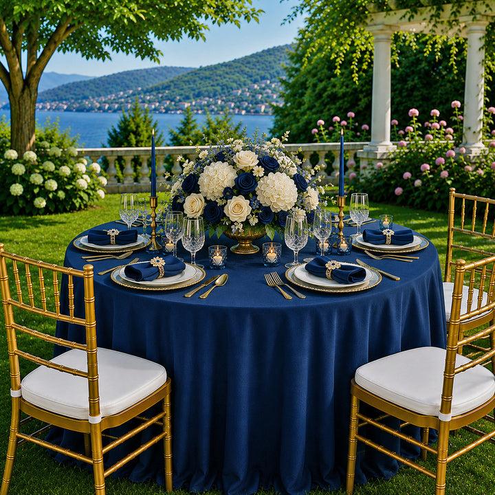 132" Round Scuba (Wrinkle-Free) Tablecloth - Navy Blue (1pc)