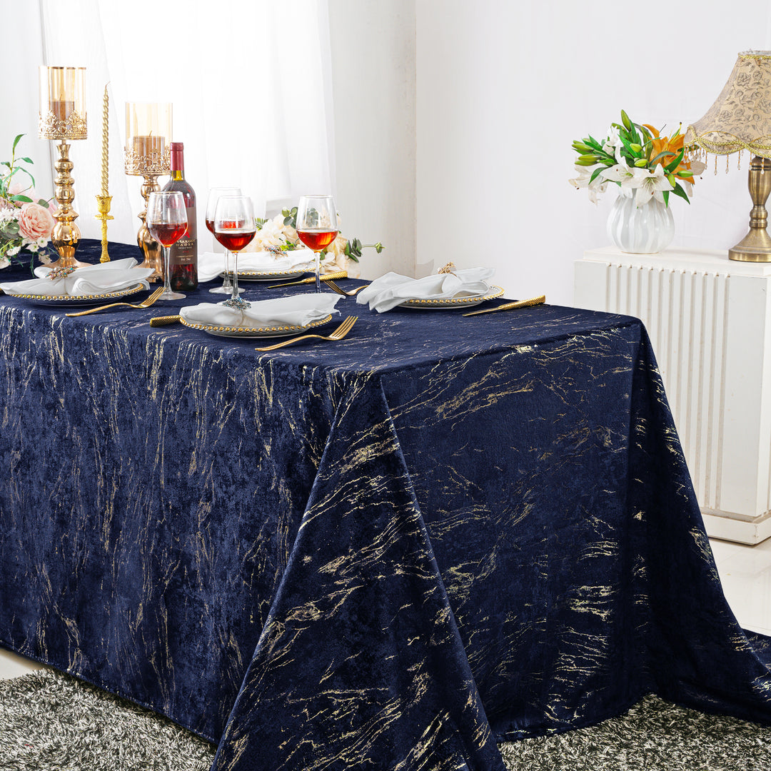 90"x132" Seamless Rectangular Gilded Marble Holland Velvet Tablecloth - Navy Blue (1pc)