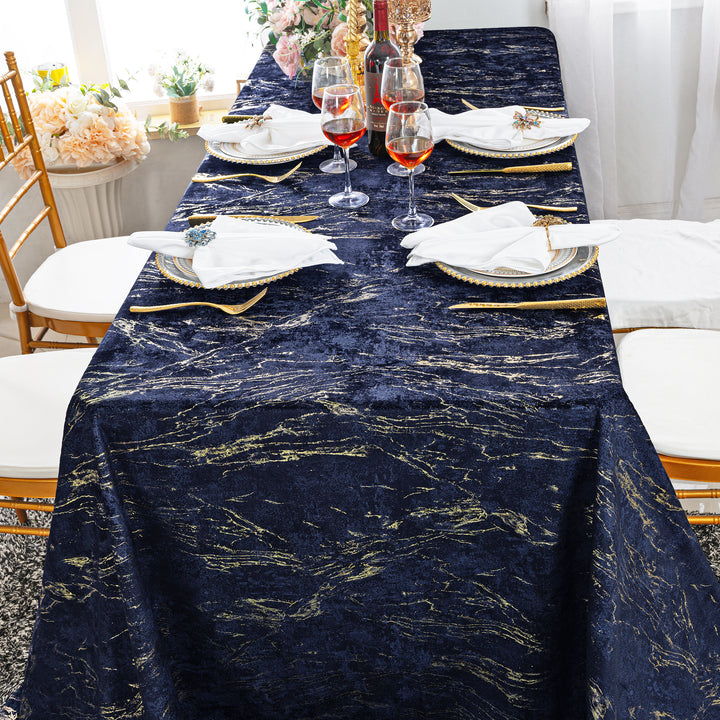 90"x132" Seamless Rectangular Gilded Marble Holland Velvet Tablecloth - Navy Blue (1pc)