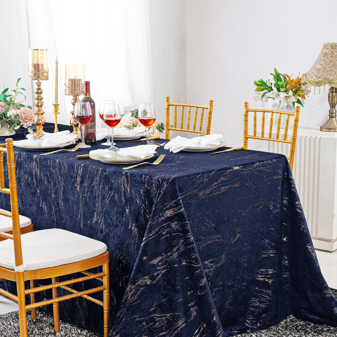 90"x132" Seamless Rectangular Gilded Marble Holland Velvet Tablecloth - Navy Blue (1pc)