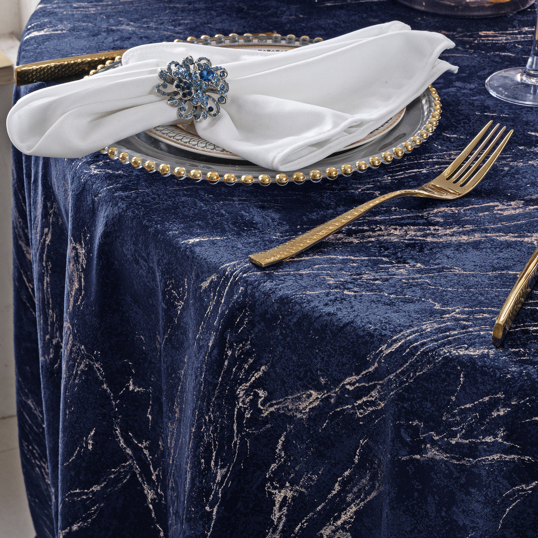 120" Seamless Round Gilded Marble Holland Velvet Tablecloth - Navy Blue (1pc)