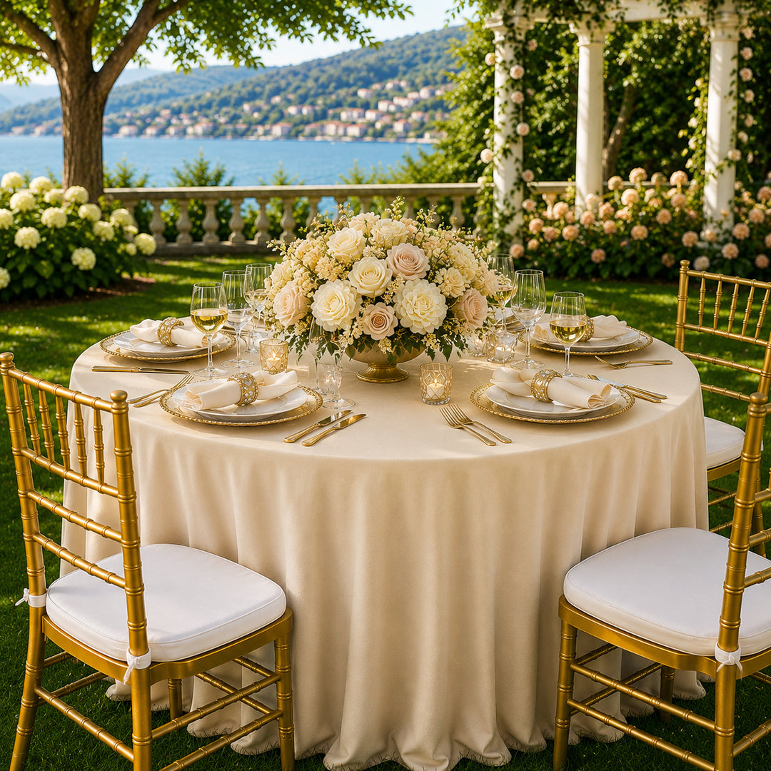 132" Round Scuba (Wrinkle-Free) Tablecloth - Champagne (1pc)