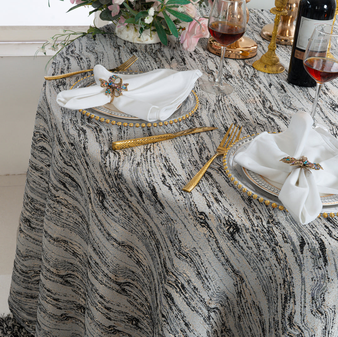 132" Round Galilean Jacquard Polyester Tablecloth - Black (1pc)