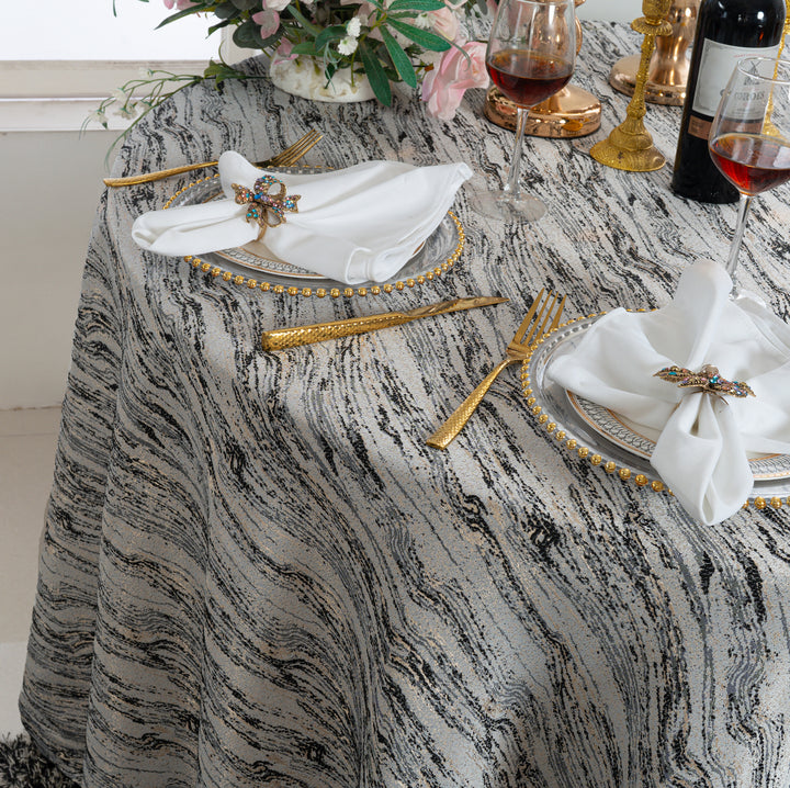132" Round Galilean Jacquard Polyester Tablecloth - Black (1pc)