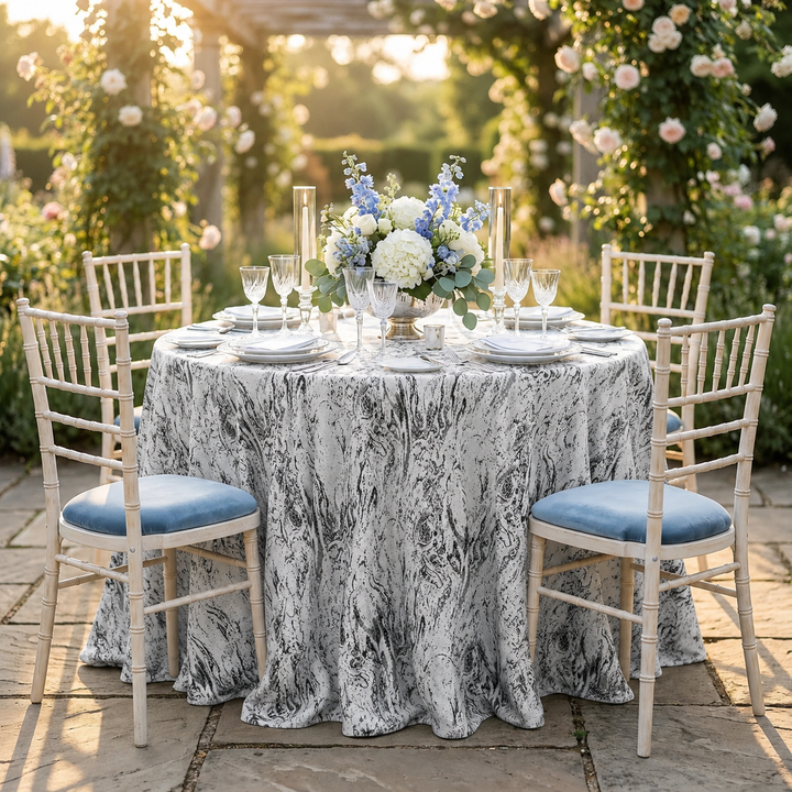 132" Round Mirage Jacquard Polyester Tablecloth - White/Black (1pc)