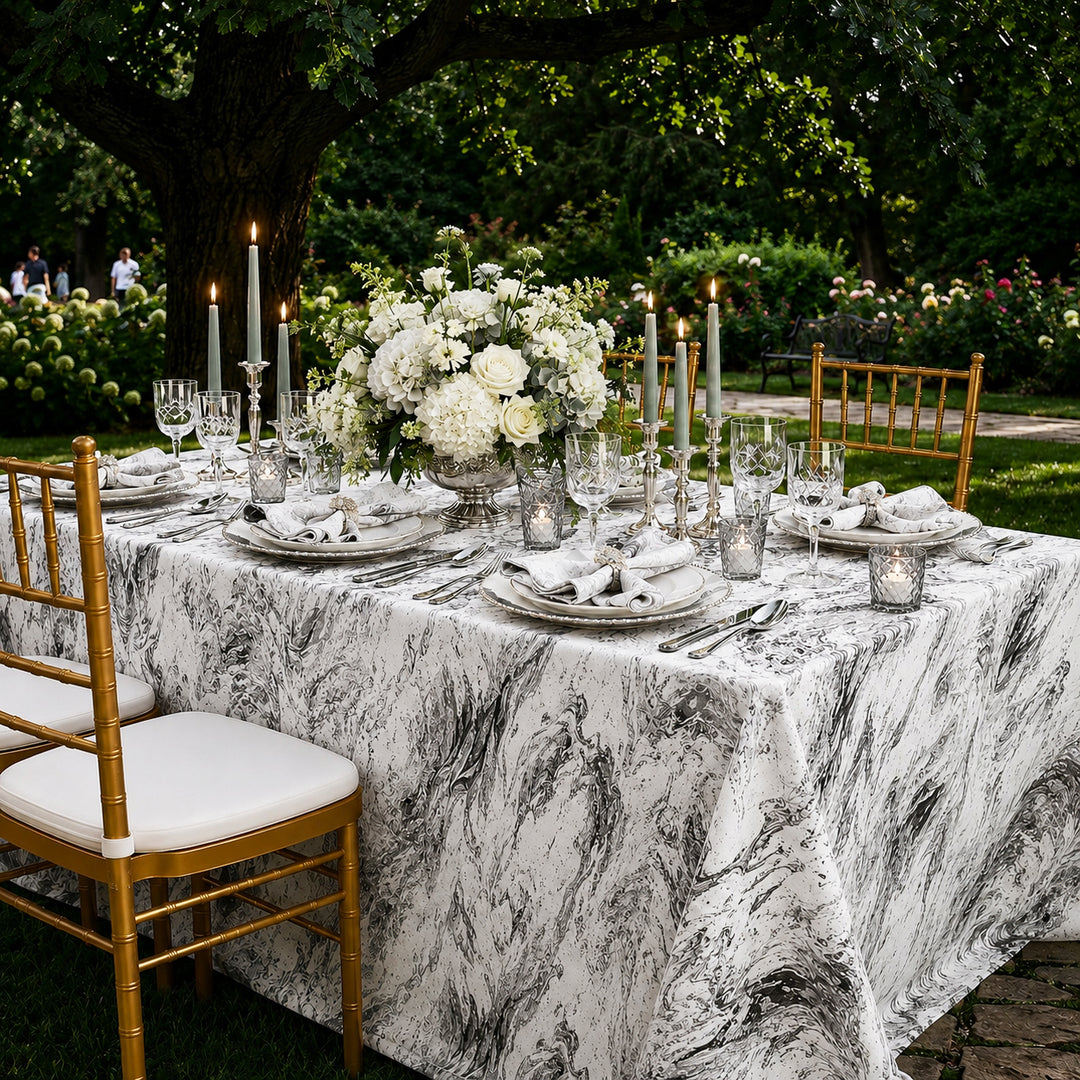 90"x132" Seamless Rectangular Mirage Jacquard Polyester Tablecloth - White/Black (1pc)