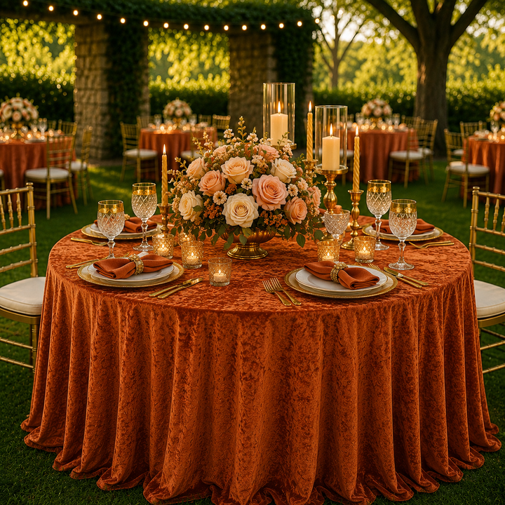 132" Round Ice Crushed Velvet (200 GSM) Tablecloth - Rust/Burnt Orange (1pc)