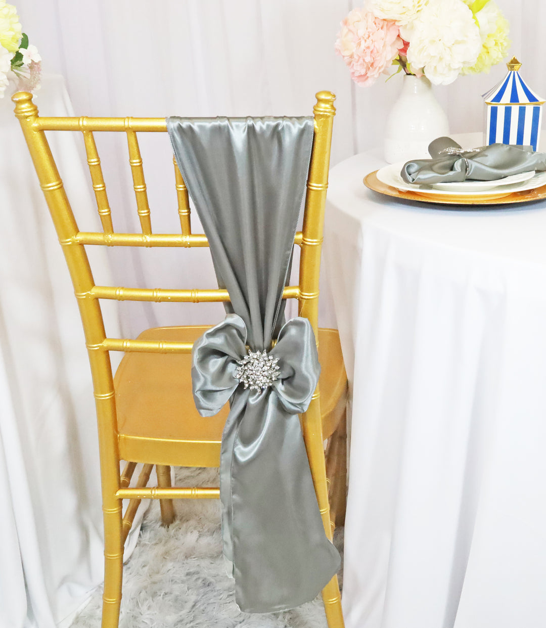 Sample 8"x108" Satin Chair Sashes - Silver (1pc)