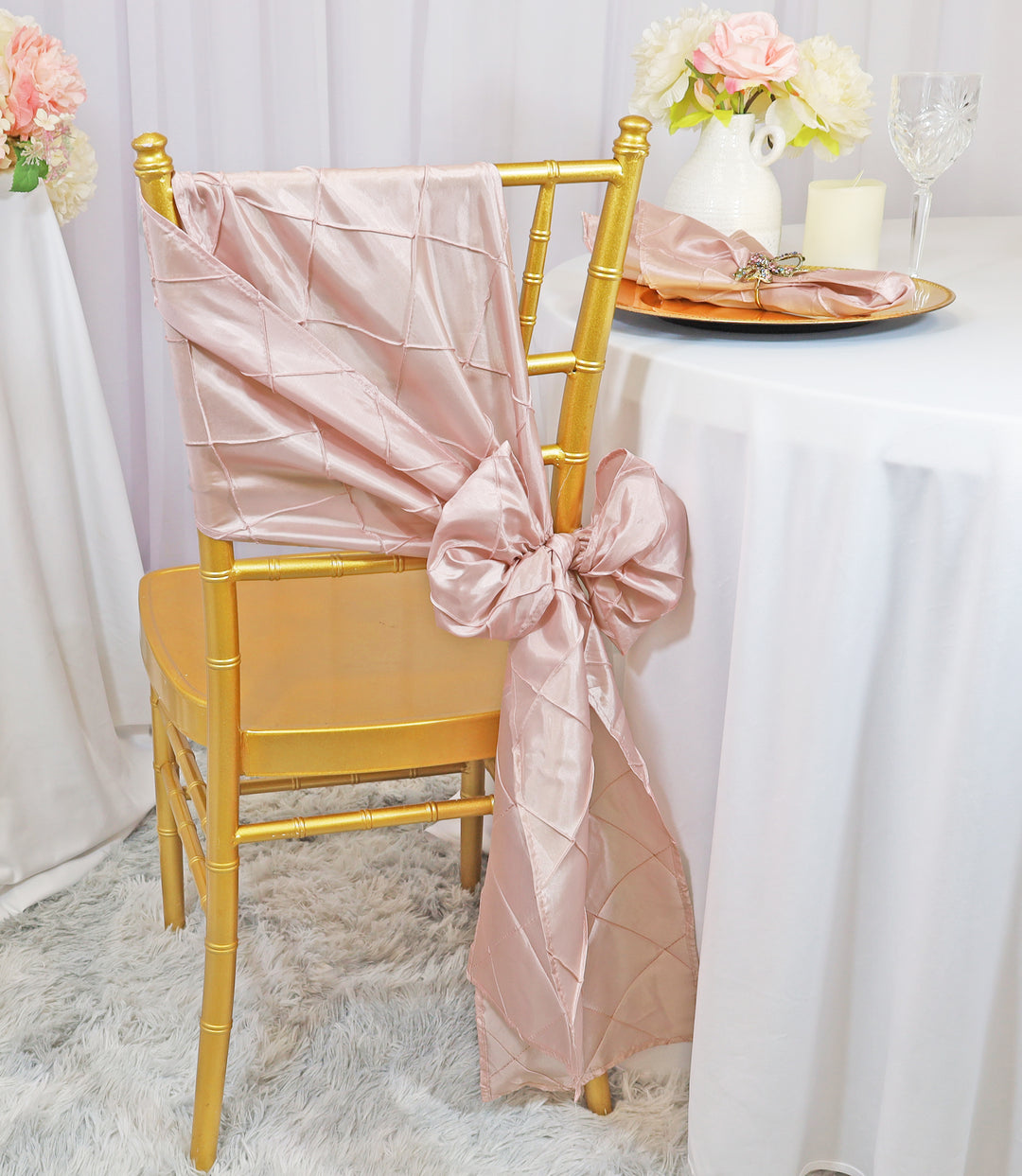 Sample 9.5"x108" Pintuck Taffeta Chair Sashes - Blush Pink/Rose Gold (1pc)