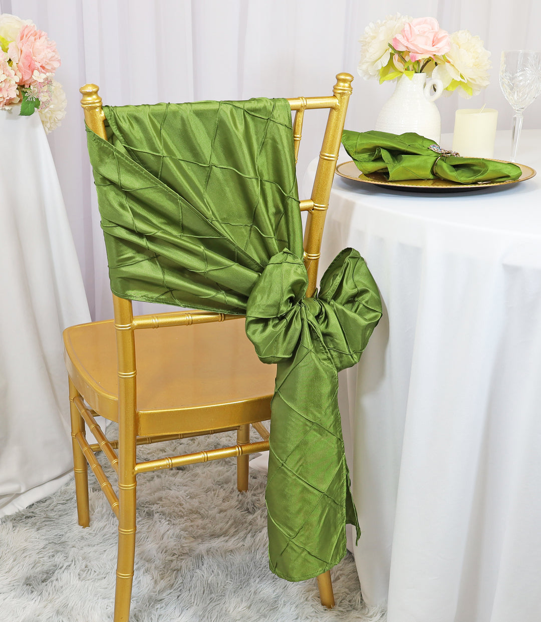 Sample 9.5"x108" Pintuck Taffeta Chair Sashes - Moss Green (1pc)