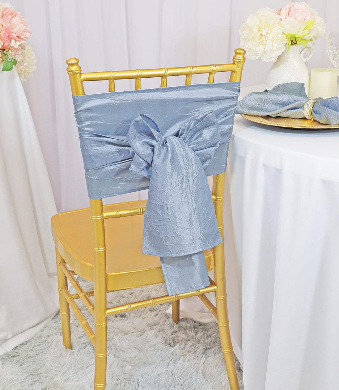 Sample 9.5"x108" Crushed Taffeta Chair Sashes - Dusty Blue (1pc)