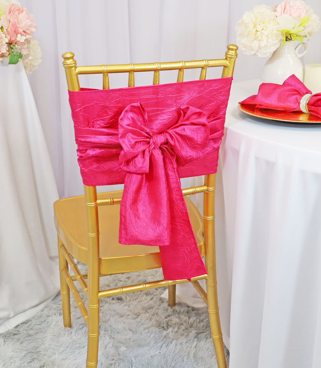 Sample 9.5"x108" Crushed Taffeta Chair Sashes - Fuchsia (1pc)