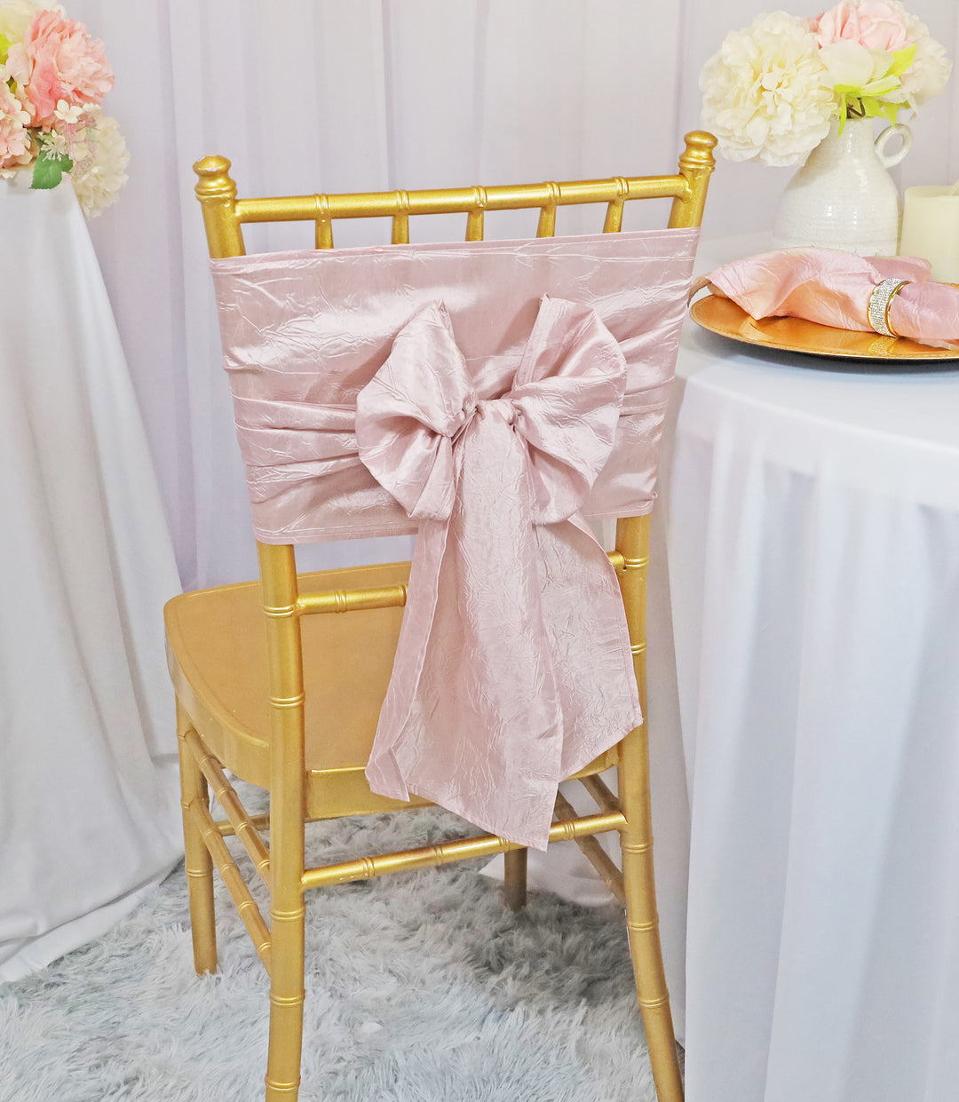 Sample 9.5"x108" Crushed Taffeta Chair Sashes - Blush Pink/Rose Gold (1pc)