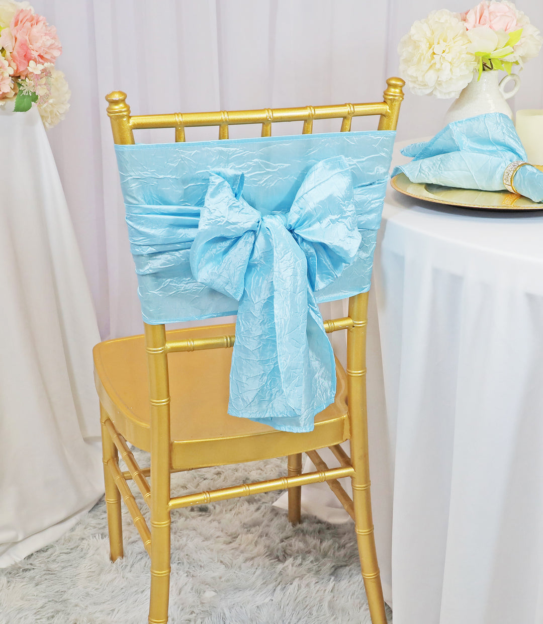 Sample 9.5"x108" Crushed Taffeta Chair Sashes - Baby Blue (1pc)