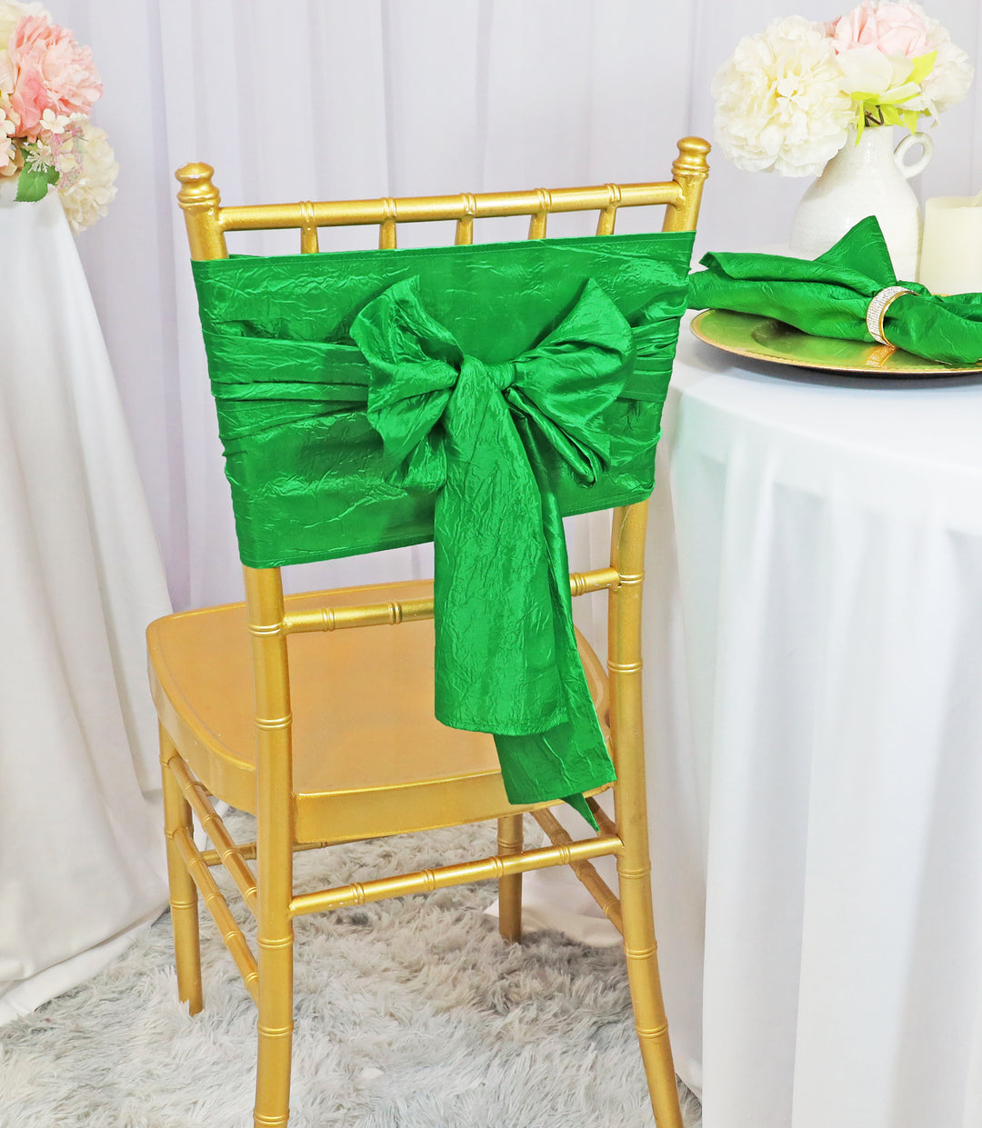 Sample 9.5"x108" Crushed Taffeta Chair Sashes - Emerald Green (1pc)