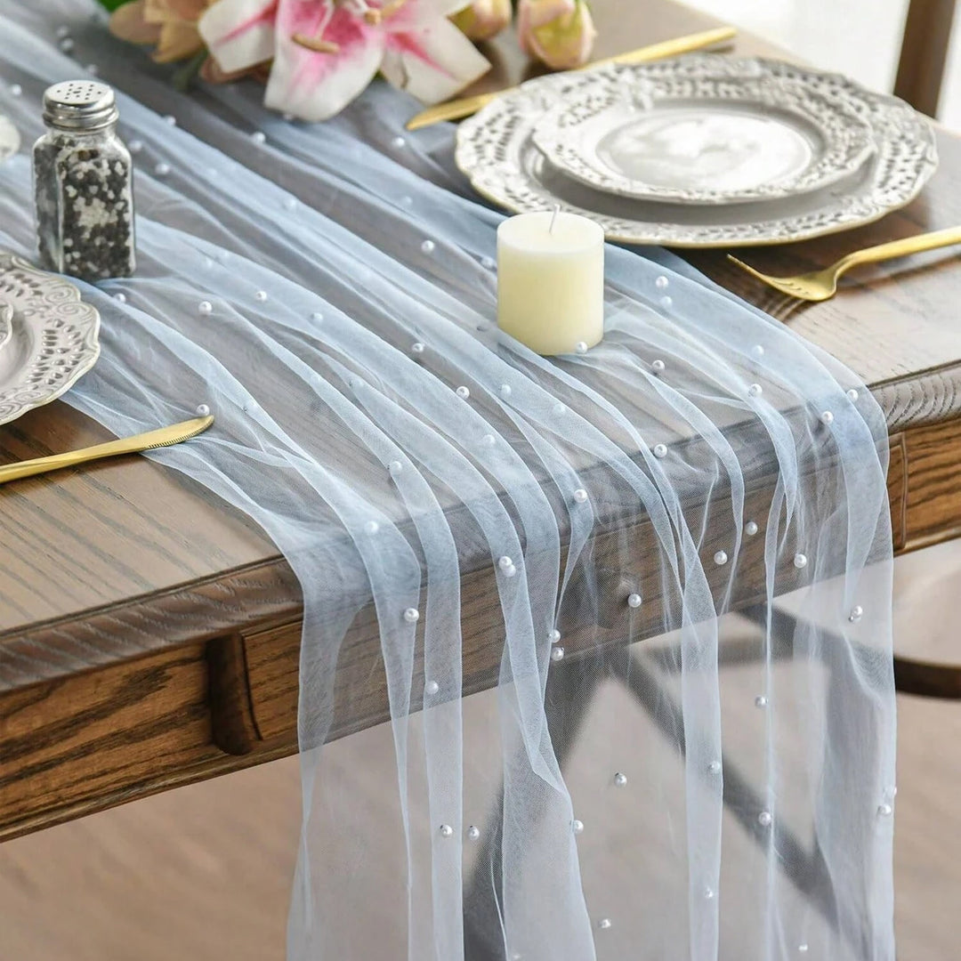 30"x120" Pearl Sheer Tulle Table Runner - Dusty Blue (1pc)