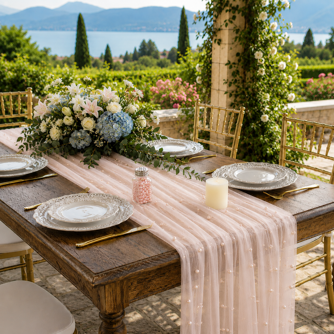 30"x120" Pearl Sheer Tulle Table Runner - Blush Pink/Rose Gold (1pc)