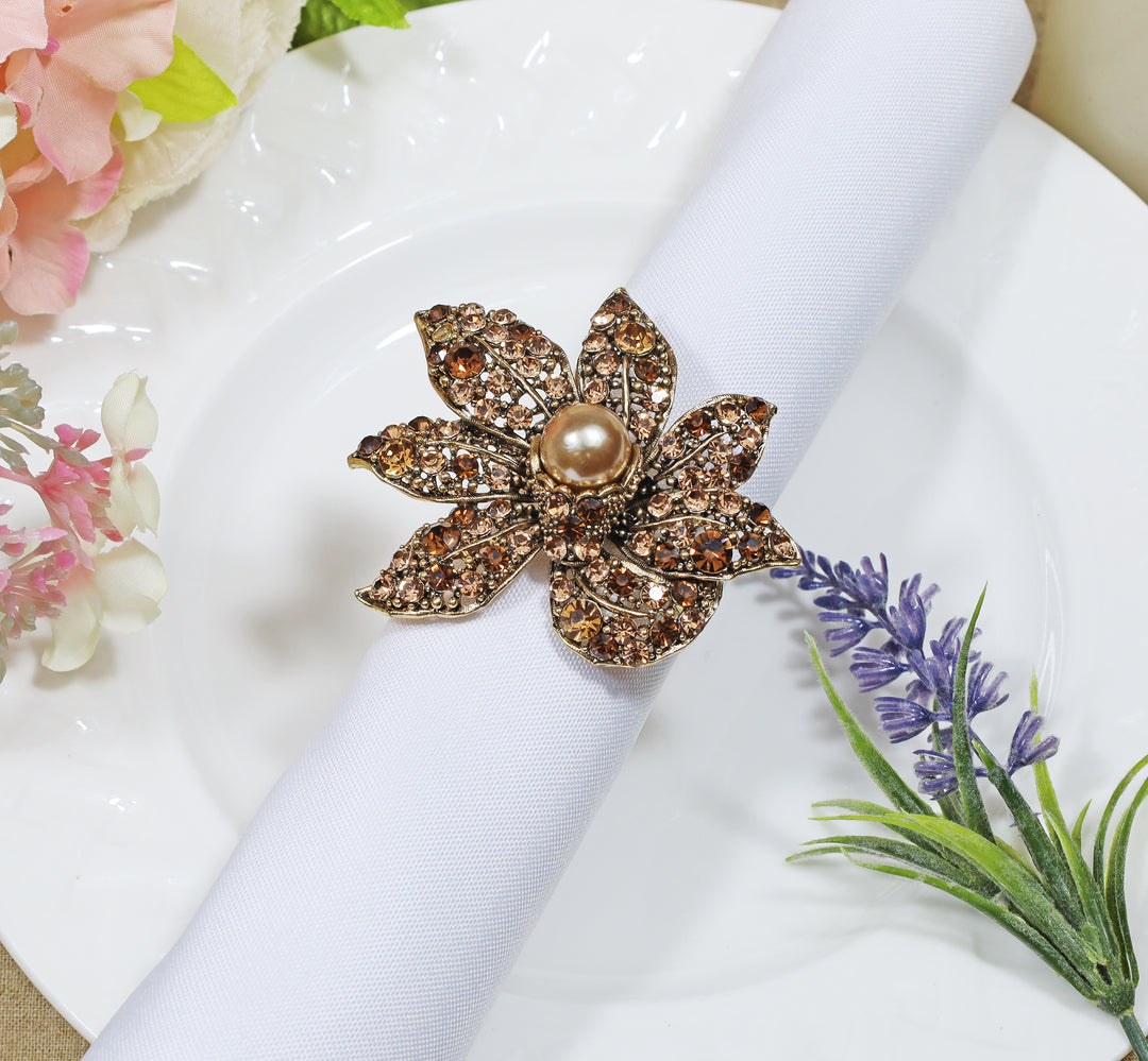 Rhinestone Napkin Ring - Brown Leaves with Pearl (12pcs/pk)