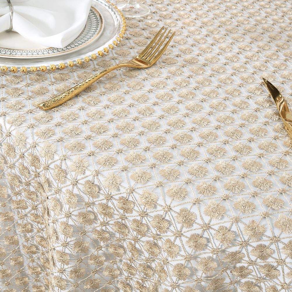 72"x72" Square Clover Shimmer Metallic Water-Soluble Lace Table Overlay - Champagne (1pc)