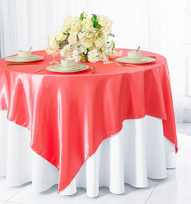 72 Satin Table Overlays Coral – Wedding Linens Inc.
