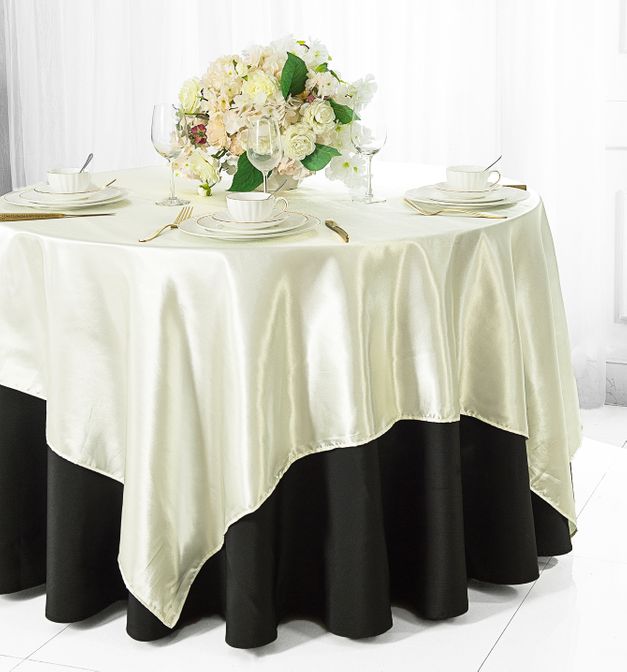 Ivory Overlay Rectangular Table 72 Satin Table Overlays Ivory – Wedding Linens Inc.