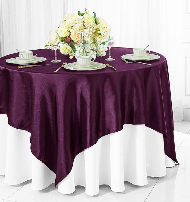 72 Satin Table Overlays Plum – Wedding Linens Inc.