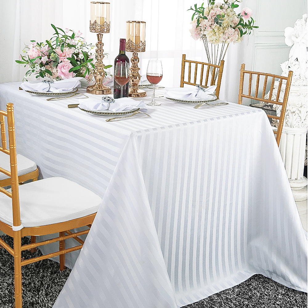 90"x132" Seamless Rectangular Striped Jacquard Polyester (240 GSM) Tablecloth - White (1pc)