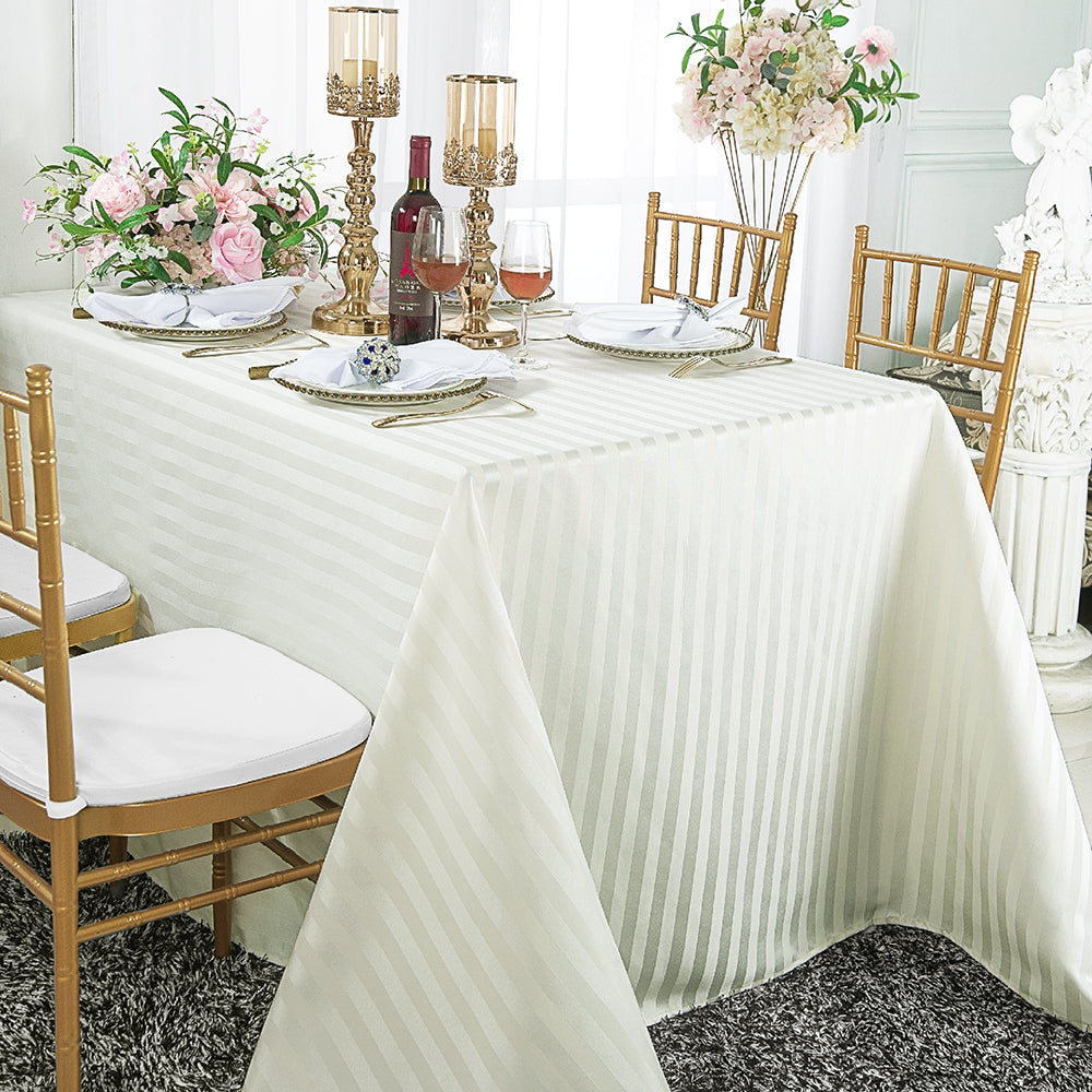 90"x132" Seamless Rectangular Striped Jacquard Polyester (240 GSM) Tablecloth - Ivory (1pc)