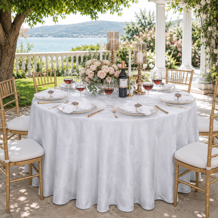 132" Round Floral Reef Jacquard Polyester Tablecloth - White (1pc)